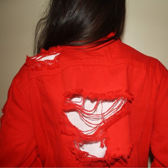 Red Ripped Denim Jacket - Picture 5 of 6